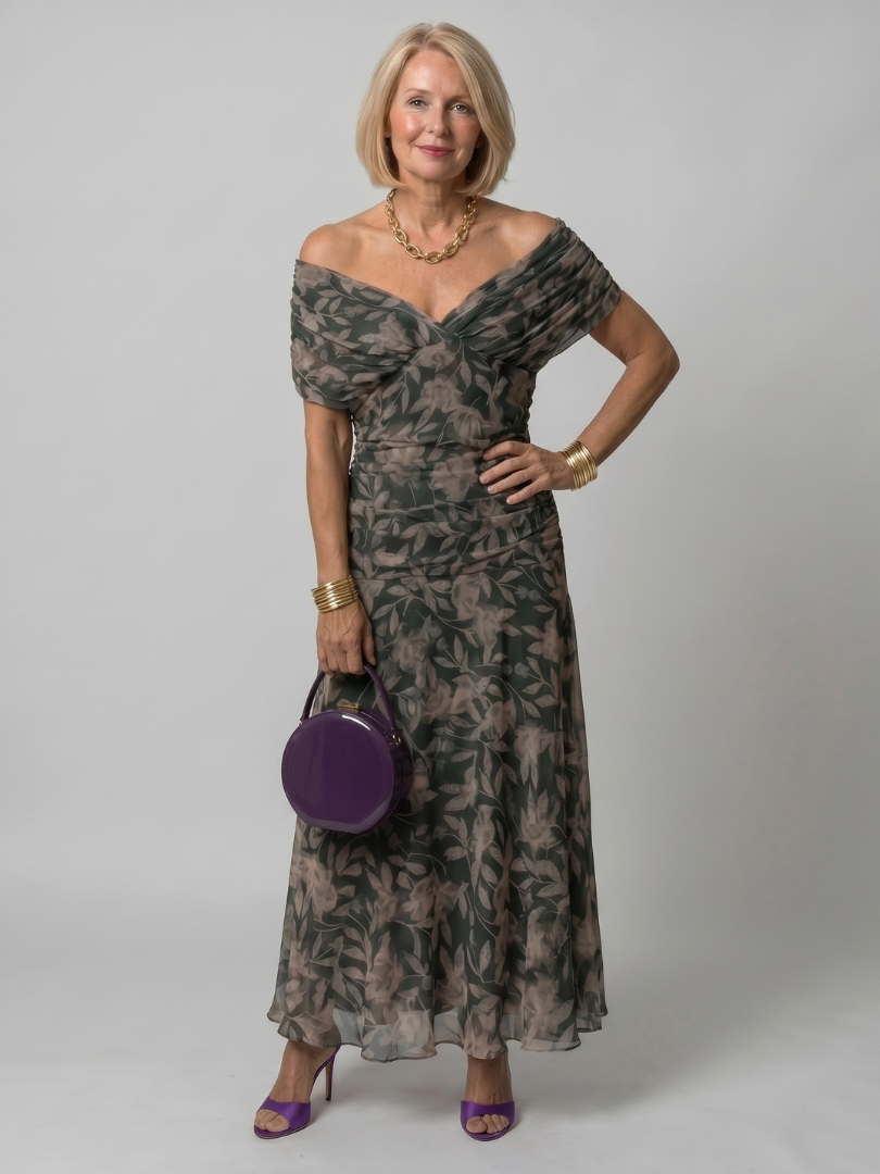 Dark green floral off-shoulder flow midi dress with draped neckline and tiered skirt