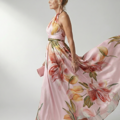 Floral halter maxi dress, pink satin base with large red blooms and green leaf print