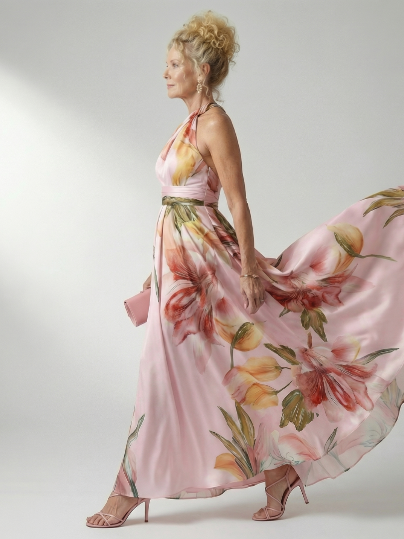 Floral halter maxi dress, pink satin base with large red blooms and green leaf print