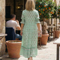 Mint green printed midi dress, back view with tiered hem and gathered waist