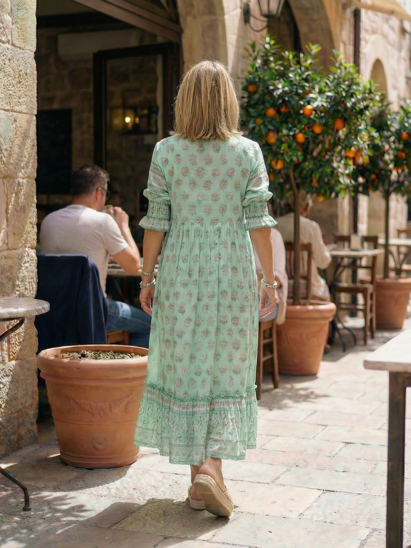Mint green printed midi dress, back view with tiered hem and gathered waist