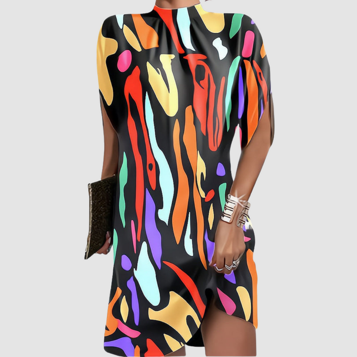 Multicolor abstract print short sleeve dress with high gathered neckline and side slit hem