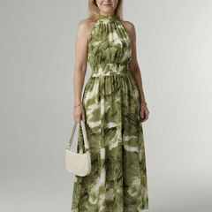 Green tie-dye halter midi dress with gathered bodice, smocked waist, and full skirt