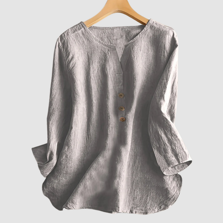Melisa™ casual cotton-linen blouse, gray front with round wooden-look buttons
