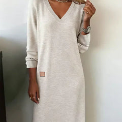 Cozy knit dress, light gray, V-neck long sleeves with ribbed cuffs