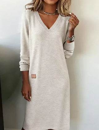 Cozy knit dress, light gray, V-neck long sleeves with ribbed cuffs