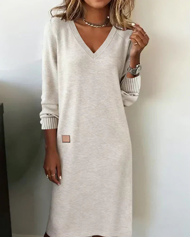 Cozy knit dress, light gray, V-neck long sleeves with ribbed cuffs