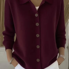 Burgundy button-front knit cardigan with point collar and dark buttons, long sleeves