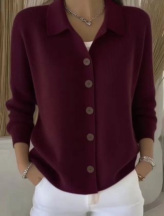 Burgundy button-front knit cardigan with point collar and dark buttons, long sleeves