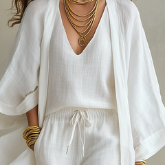 White V-neck top, drawstring shorts, and open kimono-style cover-up set