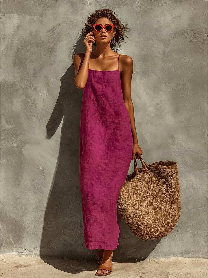 Purple sleeveless midi dress with square neckline and thin spaghetti straps, woven texture