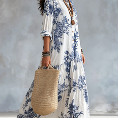 Blue floral button-front tiered maxi dress with gathered tiered hem, 3/4 sleeves