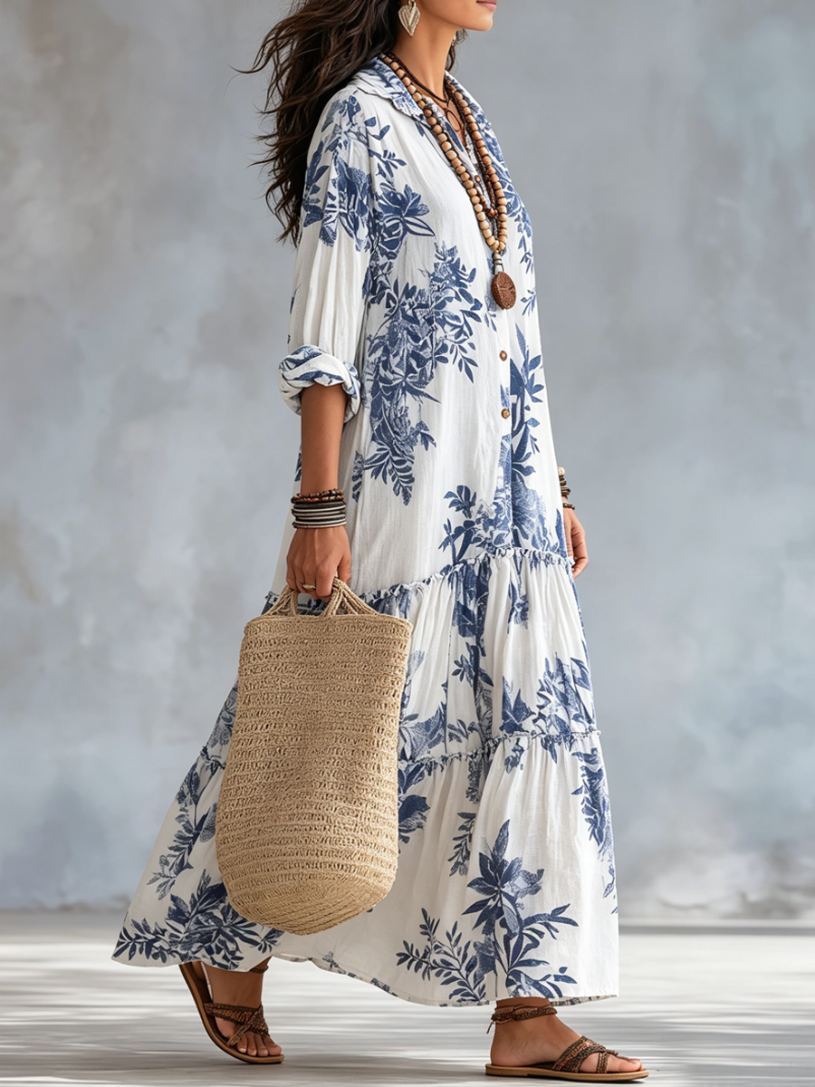 Blue floral button-front tiered maxi dress with gathered tiered hem, 3/4 sleeves