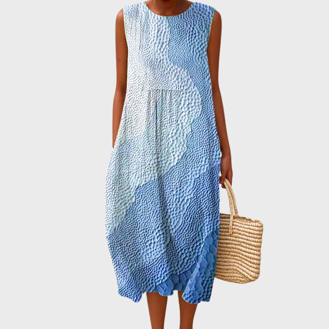 Sleeveless textured midi dress in light blue with draped front panel