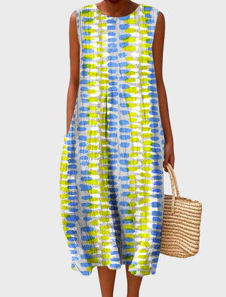Sleeveless batik-style midi dress in blue and lime green with white