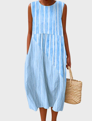Sleeveless striped midi dress in light blue with gathered skirt