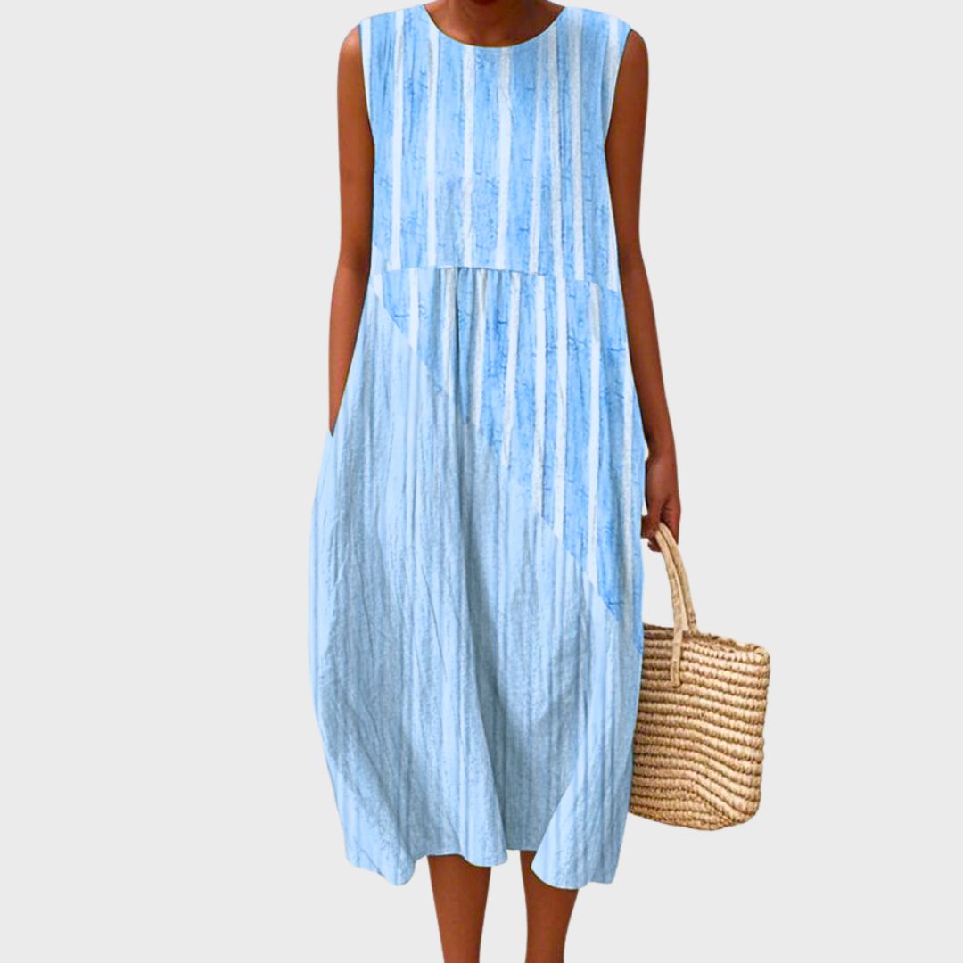 Sleeveless striped midi dress in light blue with gathered skirt