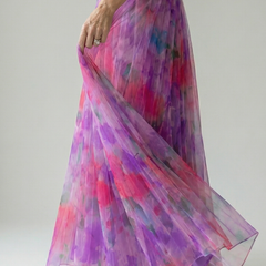 Soft wrap maxi dress side drape in purple, pink and teal watercolor print, long chiffon skirt