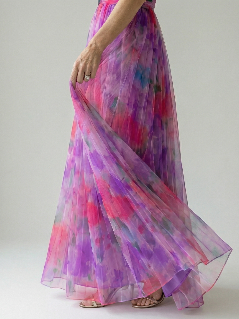 Soft wrap maxi dress side drape in purple, pink and teal watercolor print, long chiffon skirt