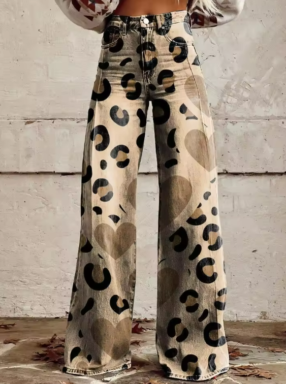 Leopard print wide-leg vintage jeans, light tan with black spots and elastic waist
