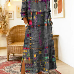 Dark grey multicolor patchwork ethnic dress with 3/4 sleeves and round neckline, side slit