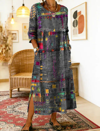 Dark grey multicolor patchwork ethnic dress with 3/4 sleeves and round neckline, side slit