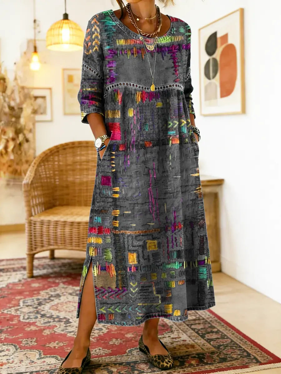 Dark grey multicolor patchwork ethnic dress with 3/4 sleeves and round neckline, side slit