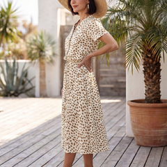 Printed button-front belted midi dress, off-white with tan spot pattern, short sleeves
