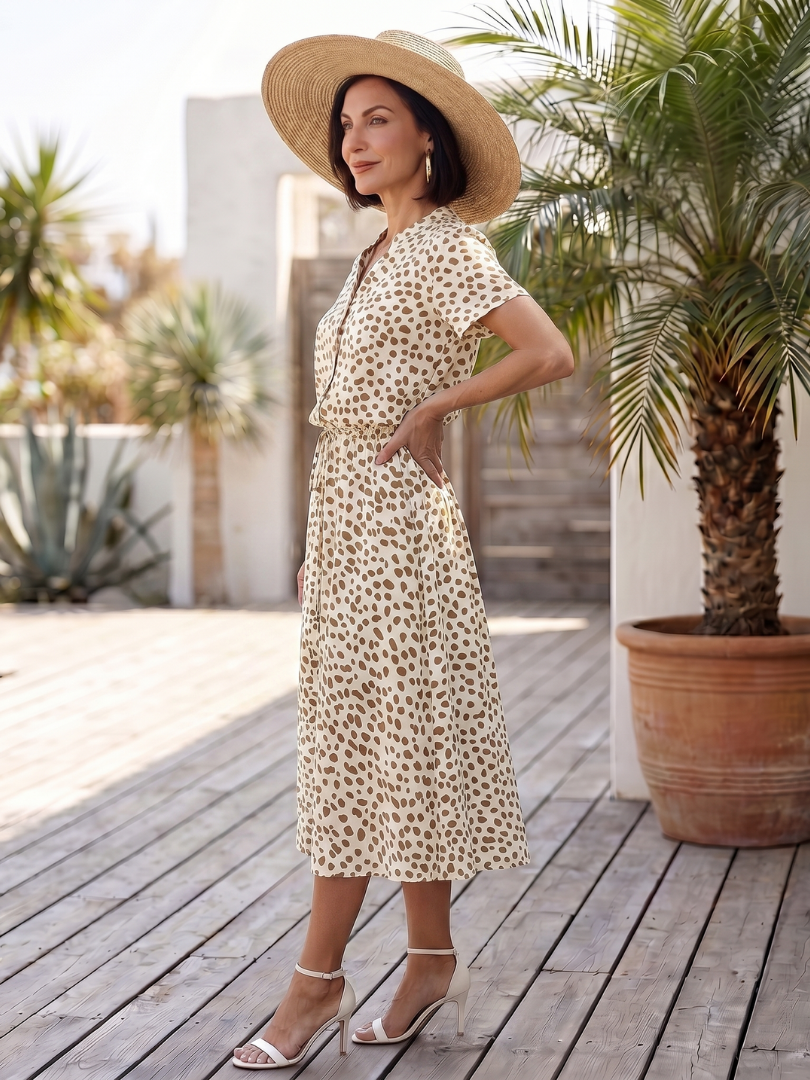 Printed button-front belted midi dress, off-white with tan spot pattern, short sleeves