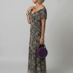 Dark green floral off-shoulder flow midi dress, side view, gathered waist and skirt