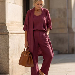 Women's elegant set in wine red: open kimono with matching wide-leg pants