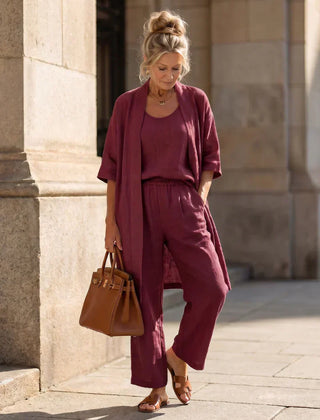 Women's elegant set in wine red: open kimono with matching wide-leg pants