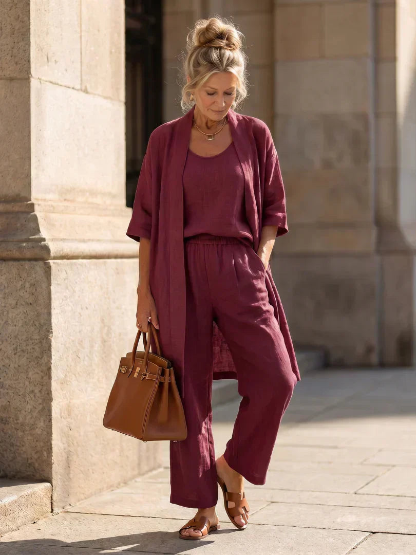 Women's elegant set in wine red: open kimono with matching wide-leg pants