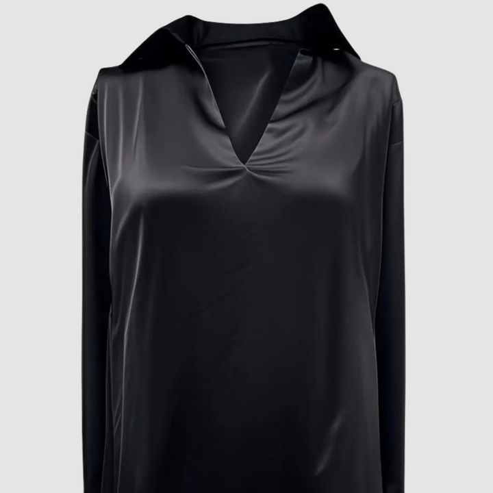Black satin blouse flat-lay front with pointed collar and deep V neckline