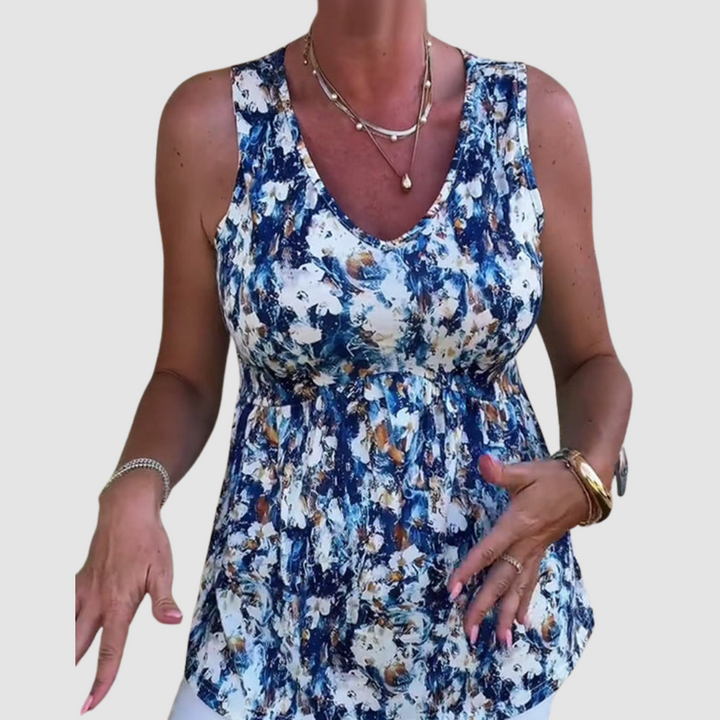 Sleeveless scoop-neck breathable top, blue and white abstract print, ruched bodice
