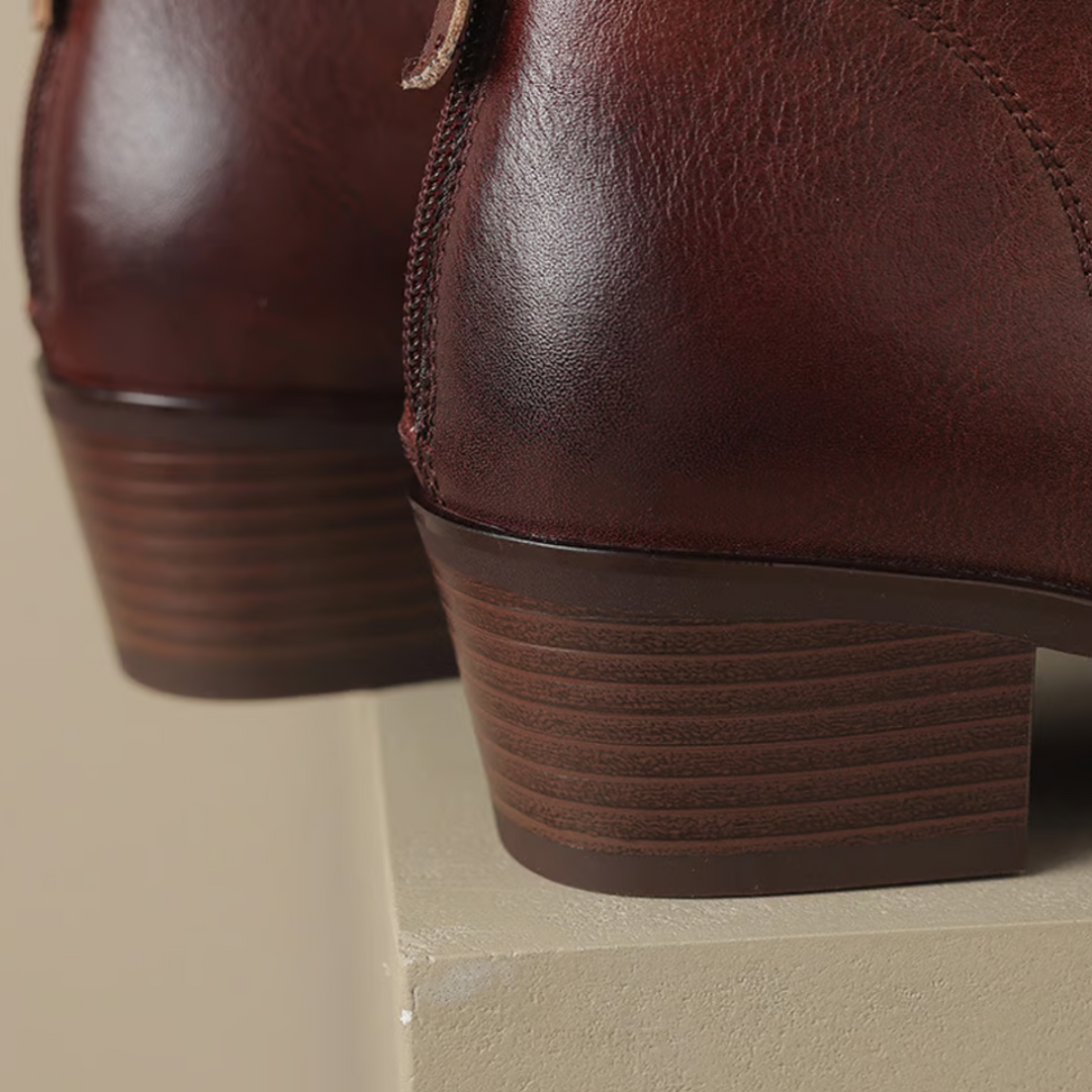 Brown ankle boots heel detail with textured stacked block and stitched upper