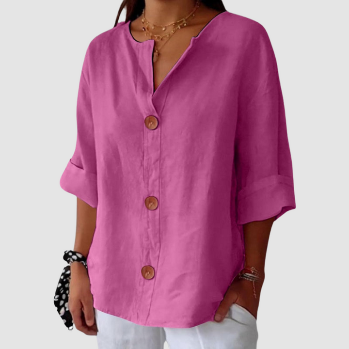 Leah™ casual linen blouse in purple, button-front V-neck, short sleeves