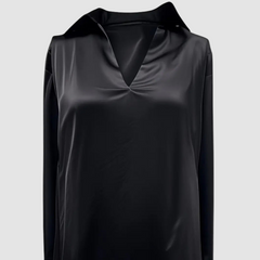 Black satin blouse with pointed collar and deep V-neck, long sleeves.
