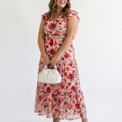 Floral V-neck tiered midi dress front view, cream base with red flower print and tiered layers
