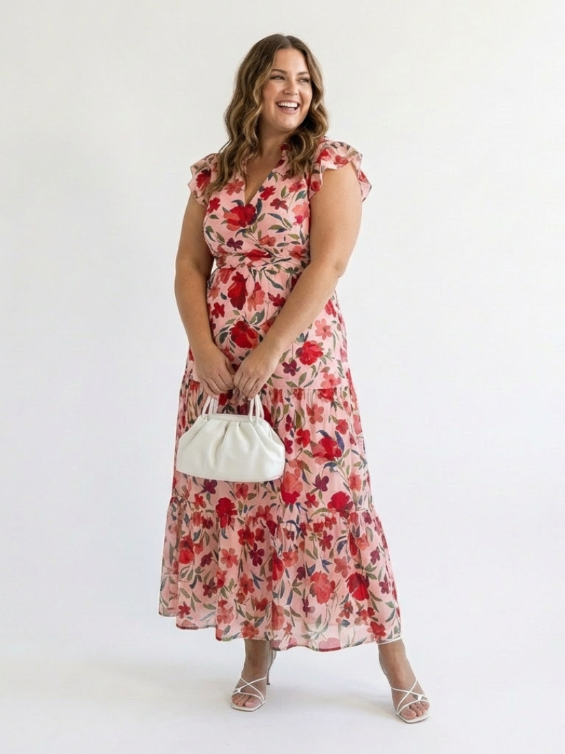Floral V-neck tiered midi dress front view, cream base with red flower print and tiered layers