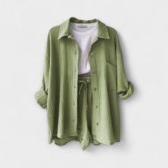 Light green button-front top and drawstring shorts two-piece set