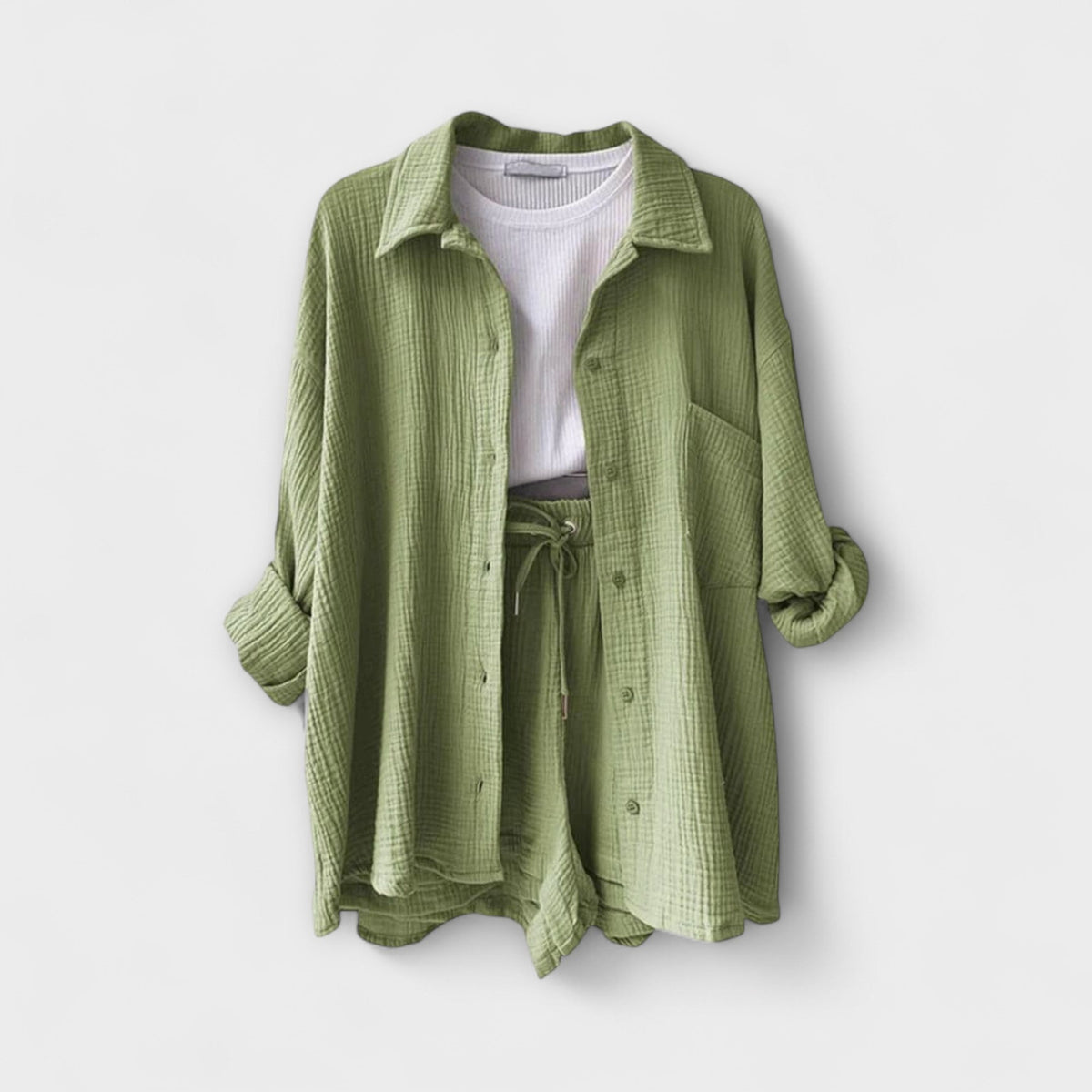 Light green button-front top and drawstring shorts two-piece set