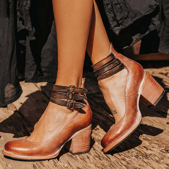 Brown ankle strap heeled sandals with buckle straps and stacked block heel