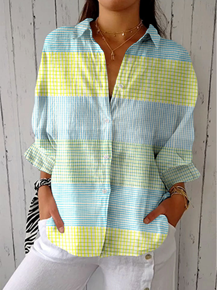 Pastel grid button-up blouse with collar, long sleeves, V neckline detail