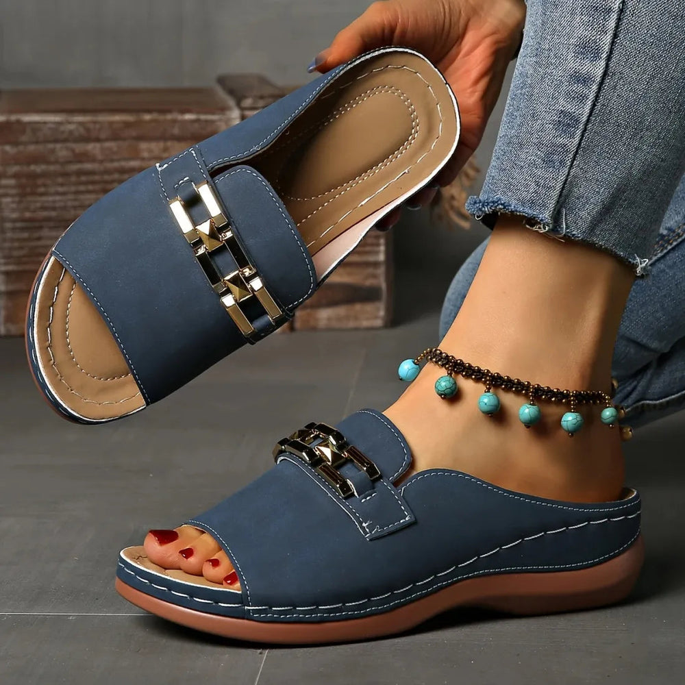 Blue comfort slide sandals, open toe, gold buckle strap, cushioned sole
