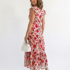 Floral V-neck tiered midi dress, cream base with red floral print, short ruffle sleeves