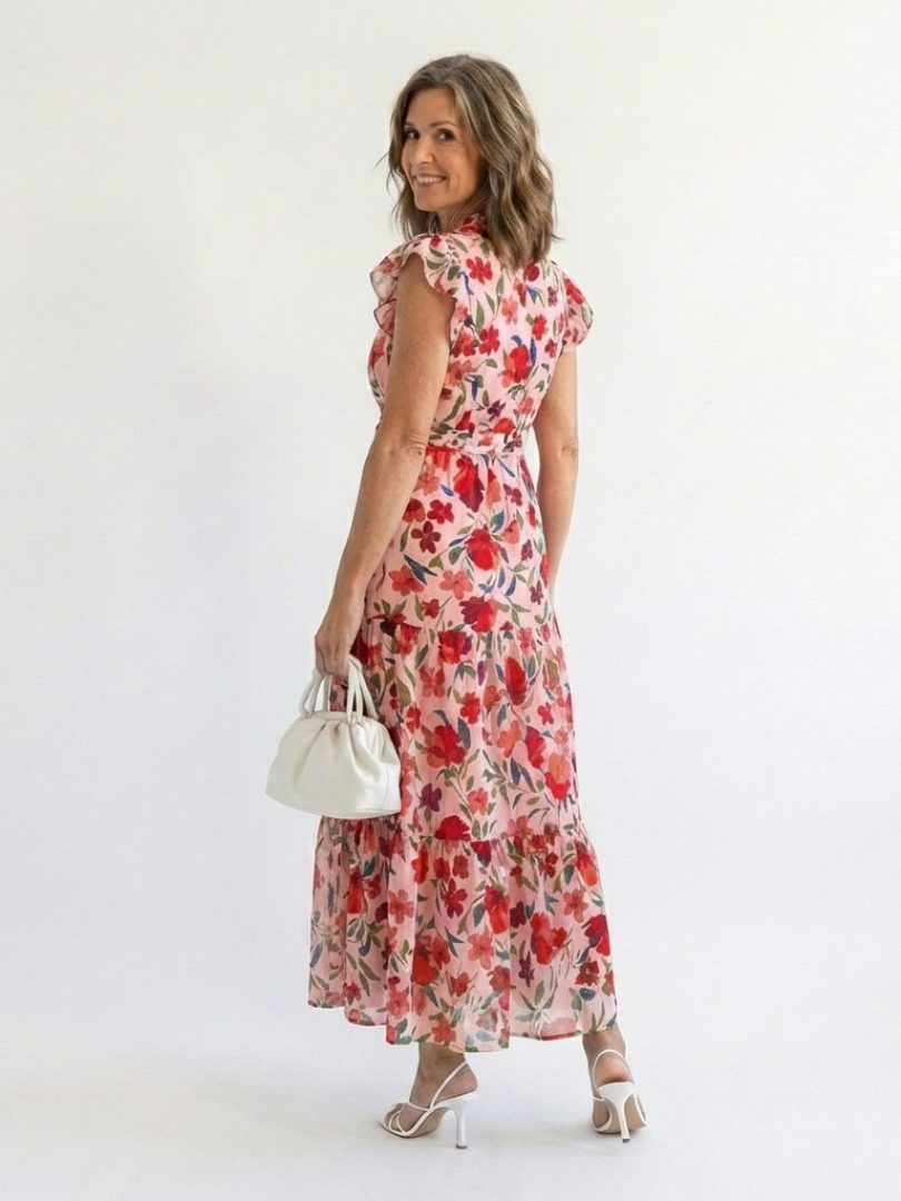 Floral V-neck tiered midi dress, cream base with red floral print, short ruffle sleeves