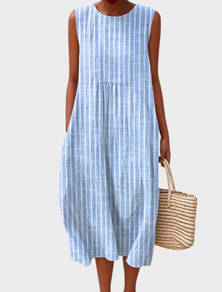 Sleeveless vertical striped midi dress in light blue with tiered waist