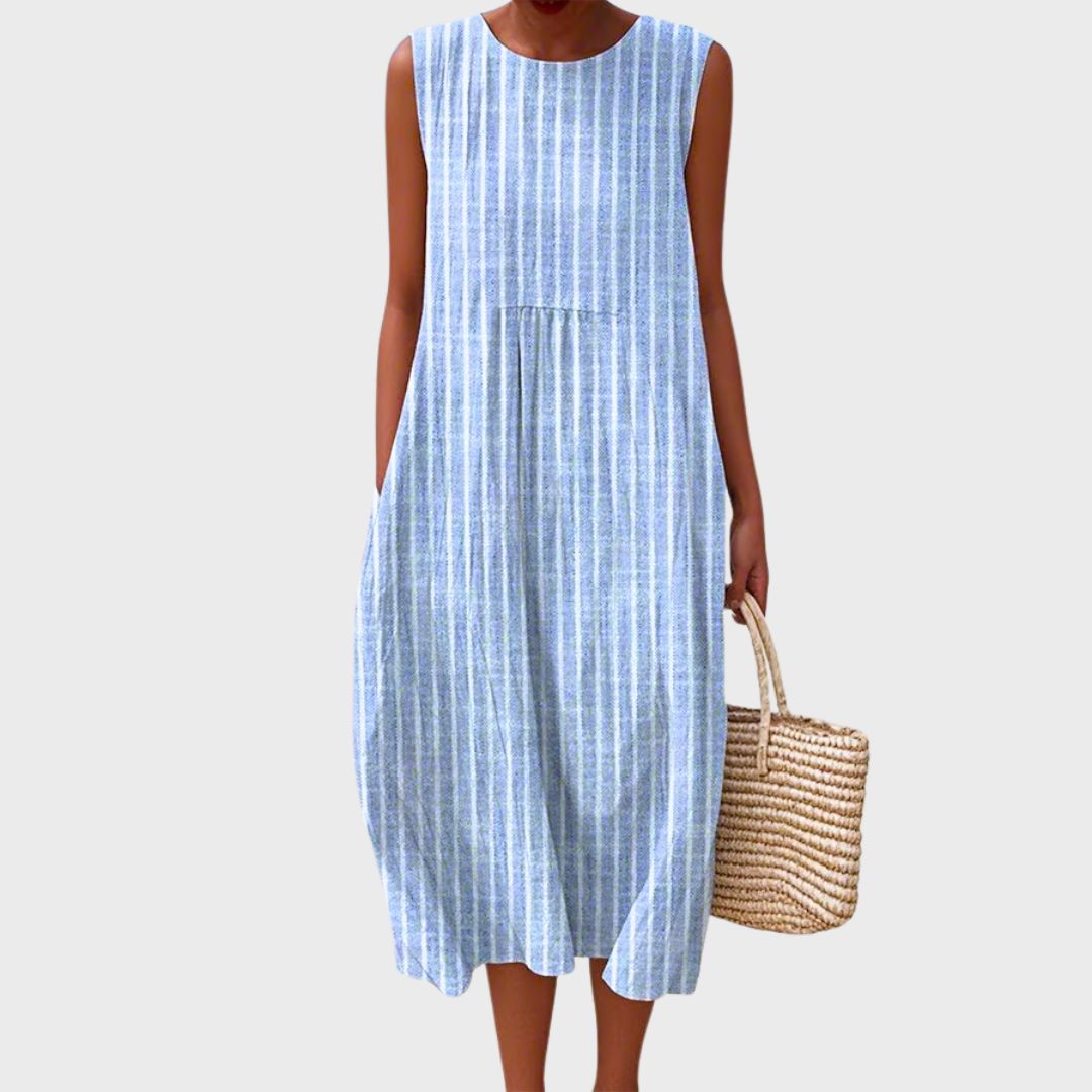 Sleeveless vertical striped midi dress in light blue with tiered waist