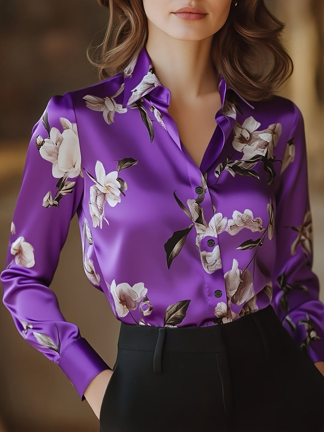 Purple satin blouse with floral print, button-front and V-neck